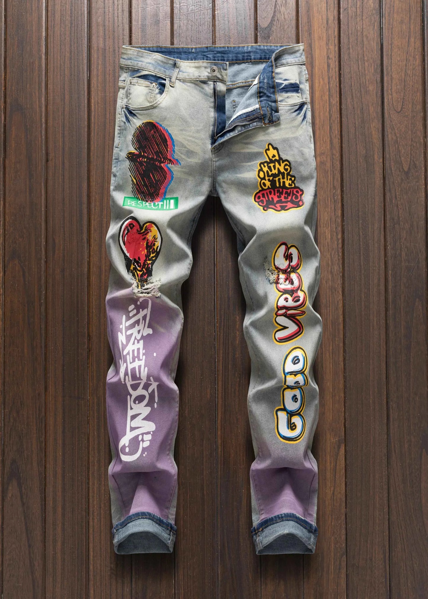 Men's street casual printed versatile fashionable slim fit straight hole vintage jeans