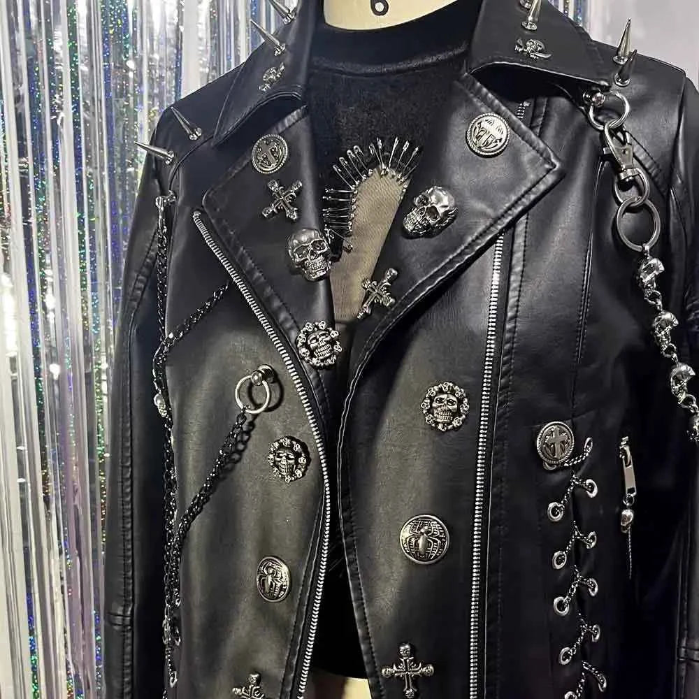 Y2K Vegan Leather Skull Studded Rivets Jacket Coat E-Girls Gothic Harajuku Grunge Chain Emo Eco DIY Punk Rock Hand Made