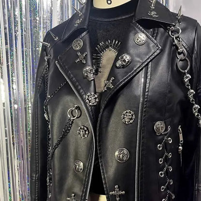Y2K Vegan Leather Skull Studded Rivets Jacket Coat E-Girls Gothic Harajuku Grunge Chain Emo Eco DIY Punk Rock Hand Made