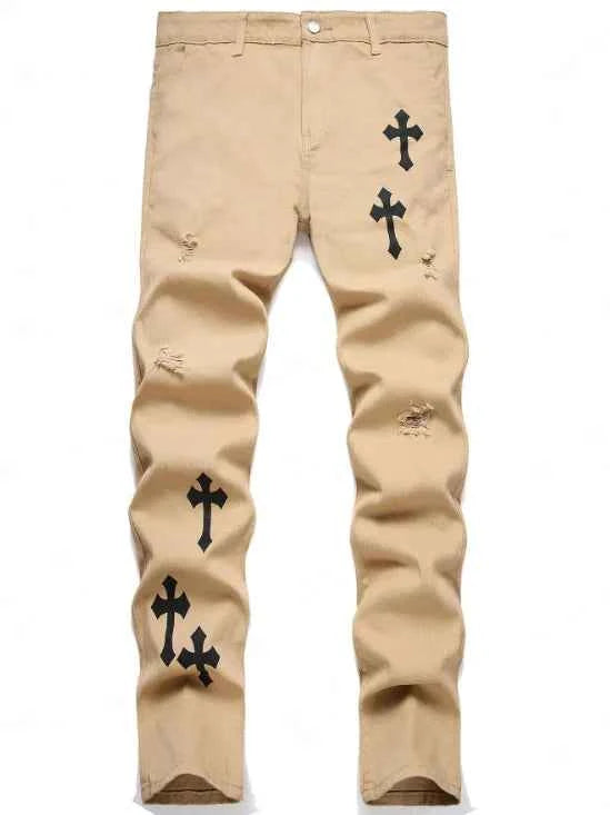 Men's cross print straight leg men's jeans