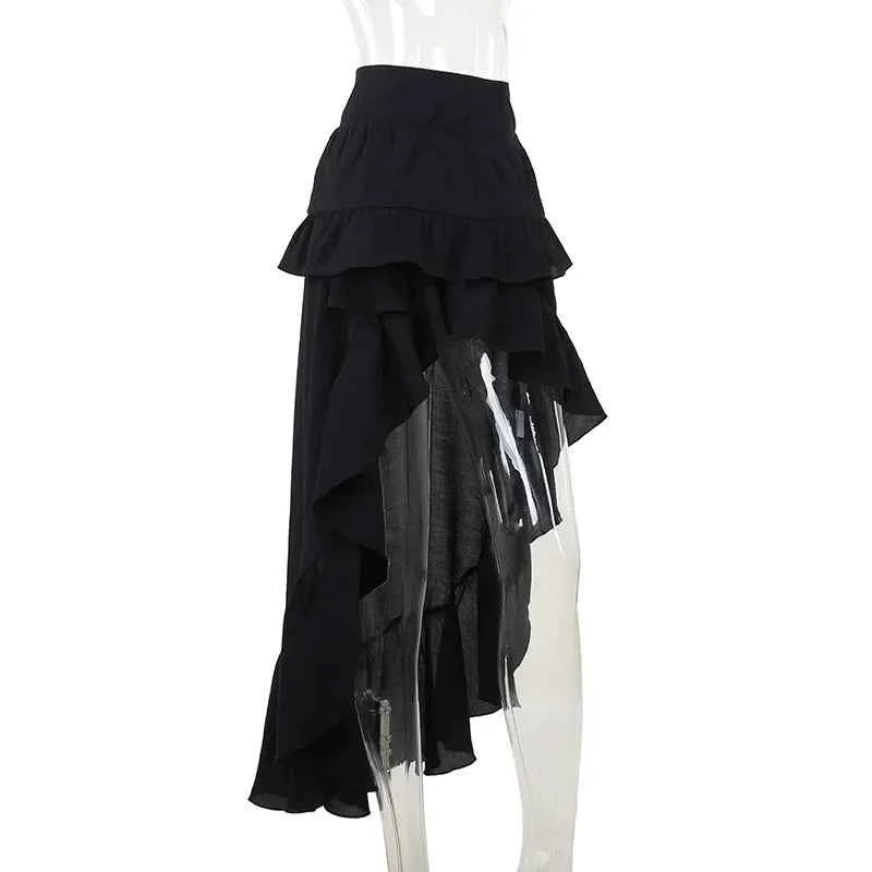 Goth Dark Kawaii Black Tiered Skirts 90S Retro Irregular Hem Party Bottoms Mall Gothic Women Fashion Dragging Skirt Alt Clothing