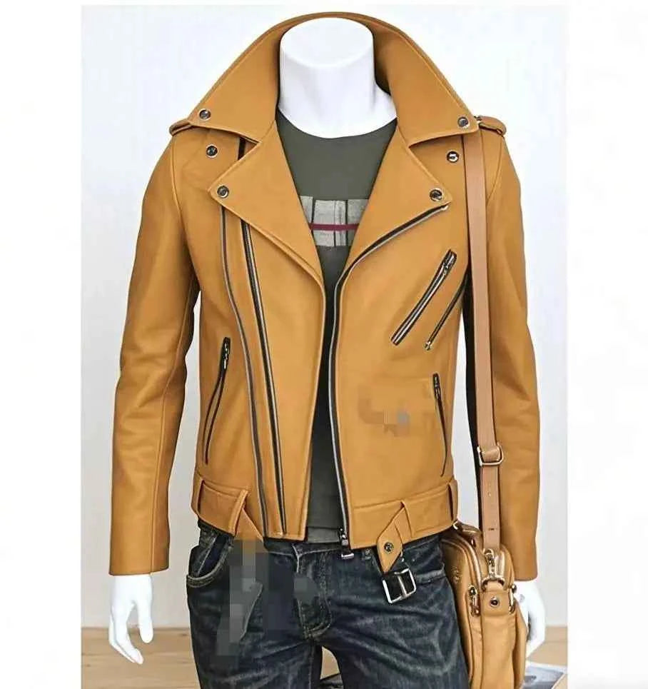 Winter and Autumn Men's Oversized Button-down PU Leather Coat with Multiple Zippers Polo Jacket, with Many Zippers
