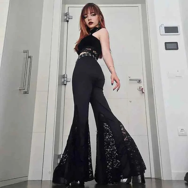 Goth Mall Flare Pants Sexy Black Lace Patchwork High Waist Vintage Harajuku Hippie Punk Grunge Streetwear  Y2k Pants