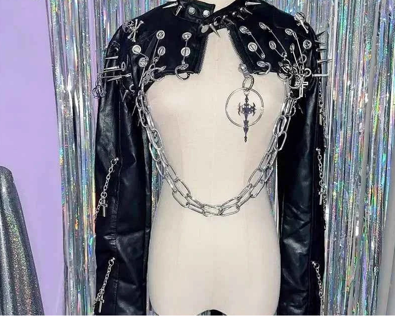Harajuku Women Gothic Lolita Streetwear Y2K Girl Steampunk Rock and roll  Spike Trim Crop Tops Rivet Metal Chain pu Blazer coat