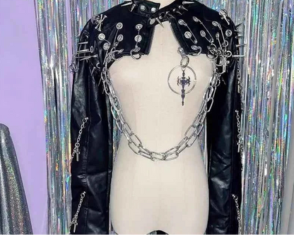 Harajuku Women Gothic Lolita Streetwear Y2K Girl Steampunk Rock and roll  Spike Trim Crop Tops Rivet Metal Chain pu Blazer coat
