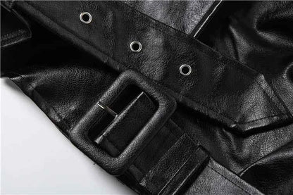 Weird Puss Luxury Crop Jacket Women PU Fall Wild Deep V-Neck Elegant Belt Buckle Zip Full Sleeve Streetwear Office Classic Coat