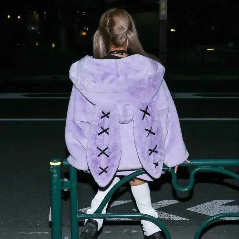 2025 Winter Clothing Women's Jackets Harajuku Rabbit Ears Punk Black Coats Thicked Furry Zipper Oversized Y2k Tops Ropa Mujer