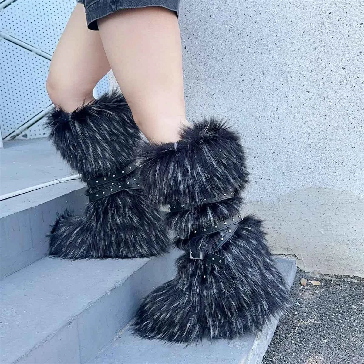 Ladies Faux Fur Knee High Wedge Platform Boots Popular Brown Spice Girl Cross Belt Buckle Winter New Snow Boots For Women