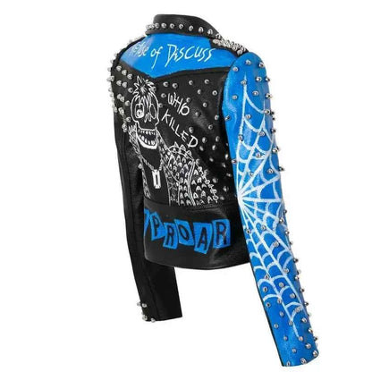Streetwear Contrast Spliced Faux Leather Jacket for Women 2026 New Graffiti Print Punk Studded Slim Cropped Motorcycle Jackets
