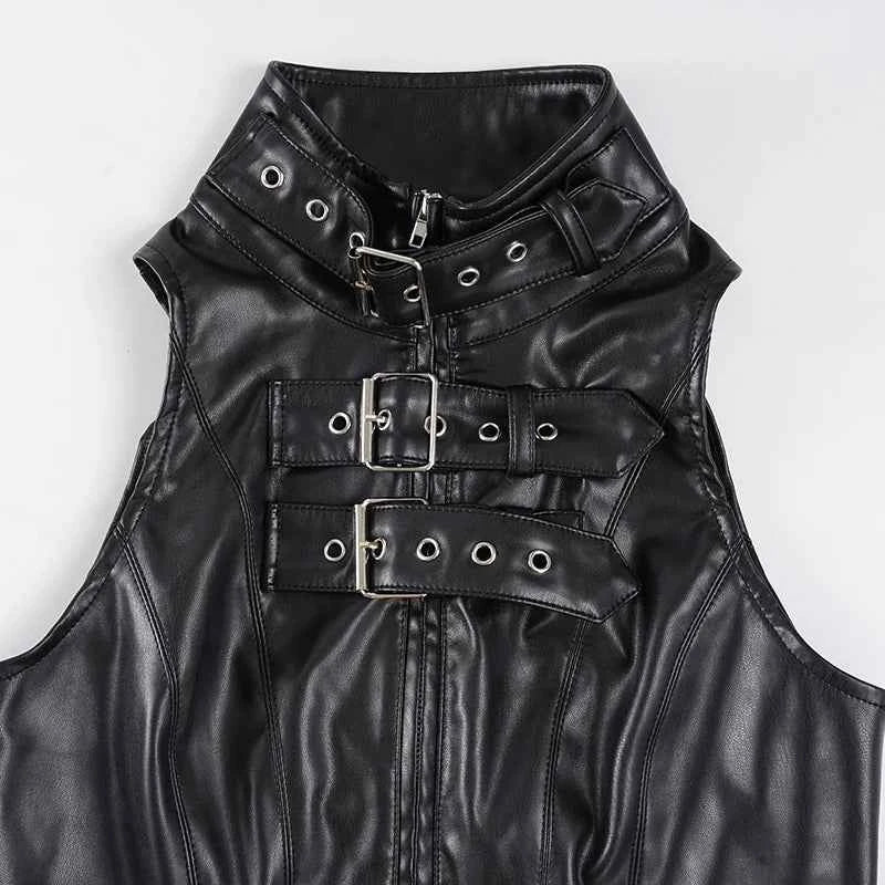 SUCHCUTE Retro Punk Pu Leather Vest With Sleeve Cover Women Gothic Black Sleeveless Turtleneck Top Y2k Metal Decorative Clothing