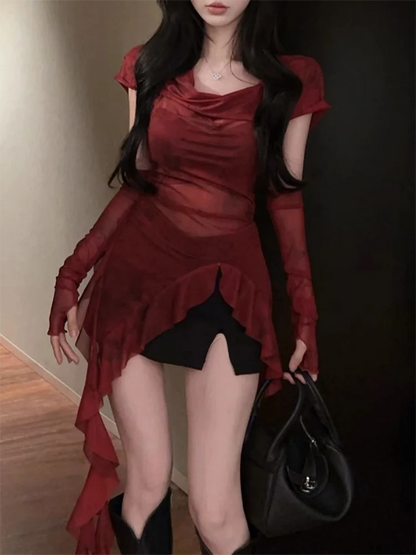 Red Mesh See Through Top Streetwear T-shirt Irregular Ruffle