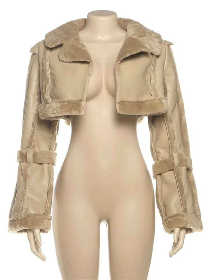 Weird Puss Furry Patchwork Women Crop Jacket Hipster Full Sleeve Open Stitch Hipster Streetwear Warm Outwear Basic Wild Coat