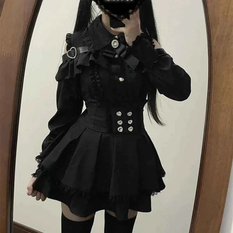 Y2k Aesthetic Lolita Style Bow Dress Shorts Set Japanese Women Gothic Lace Flare Sleeve Button Shirt Dress Punk Party Mini Dress