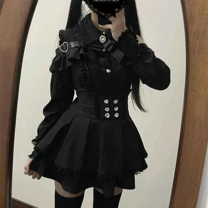 Y2k Aesthetic Lolita Style Bow Dress Shorts Set Japanese Women Gothic Lace Flare Sleeve Button Shirt Dress Punk Party Mini Dress