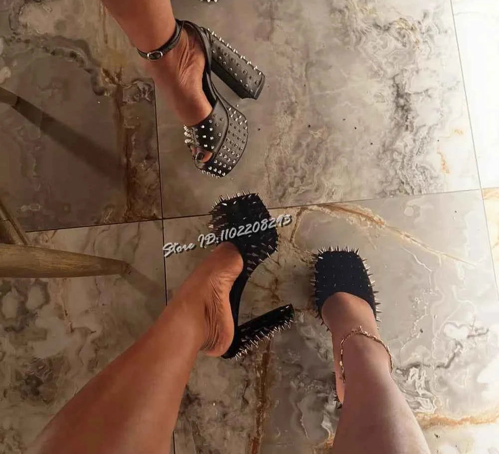 Sexy Spikes Square Toe Pumps Rivet Buckle Straps Chunky High Heel Suede Shallow Cross-tied Punk Shoes 2025 New Fashion Women