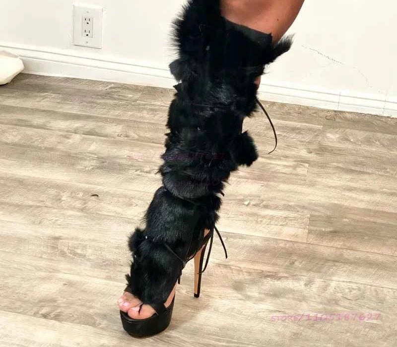Long Plush Tassel Black Fur Sandals Women Fringe Cross Straps Boots Wrap Patchwork Thighs Sexy Platform Girls Cool Party Shoes