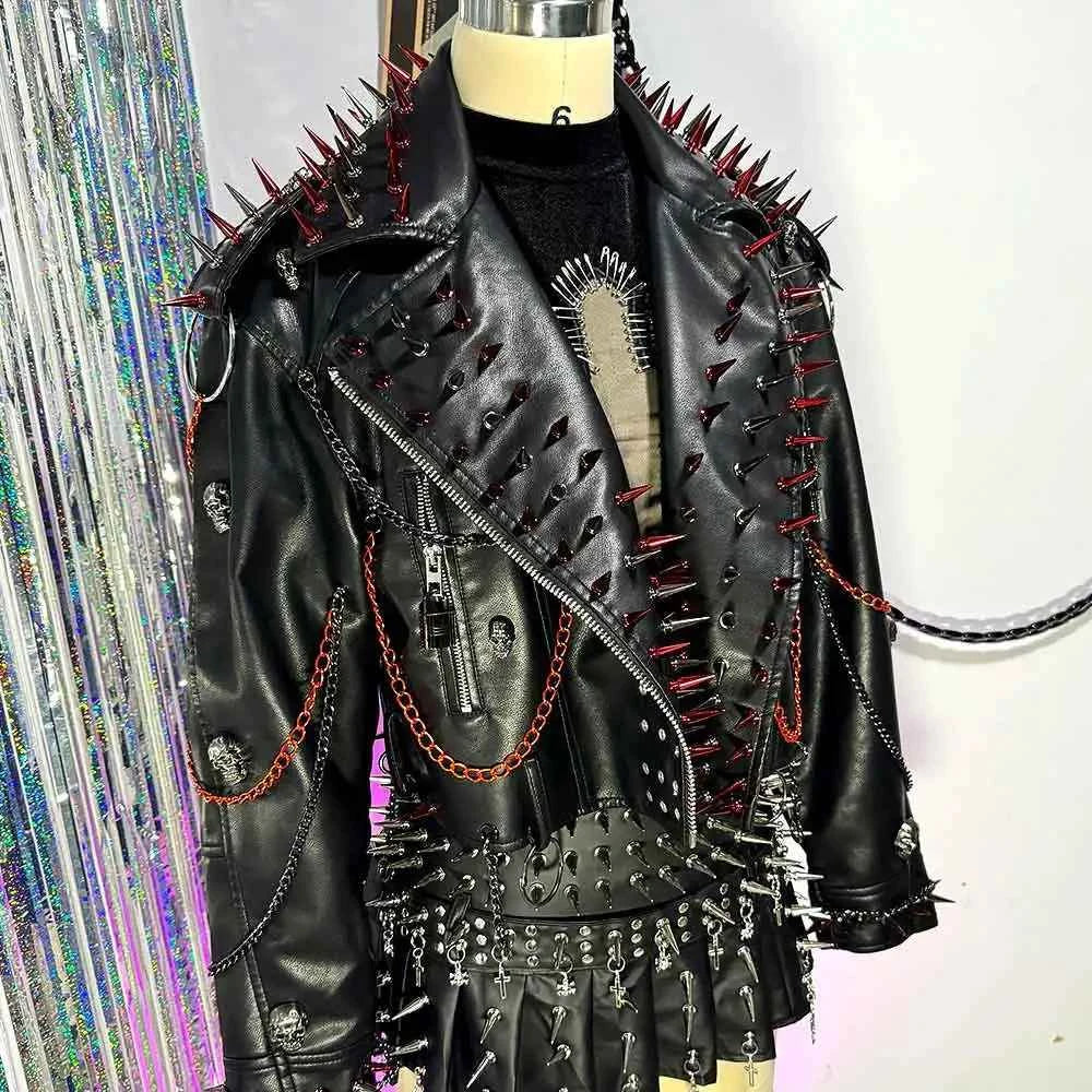 Punk Rock E-Girls Eco Goth Gothic Emo Grunge DIY Harajuku Y2K PU Leather Skull Studded Jacket Vintage Hand Made Studded Rivet