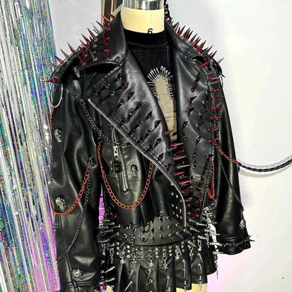 Punk Rock E-Girls Eco Goth Gothic Emo Grunge DIY Harajuku Y2K PU Leather Skull Studded Jacket Vintage Hand Made Studded Rivet