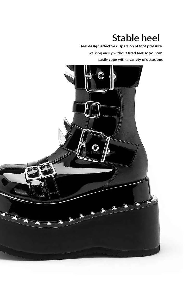 Belt Buckle Spike Rivet Platform Motorcycle Boots Round Toe Thick Sole Side Zipper Punk Knee High Boots Heavy Work Gothic Style