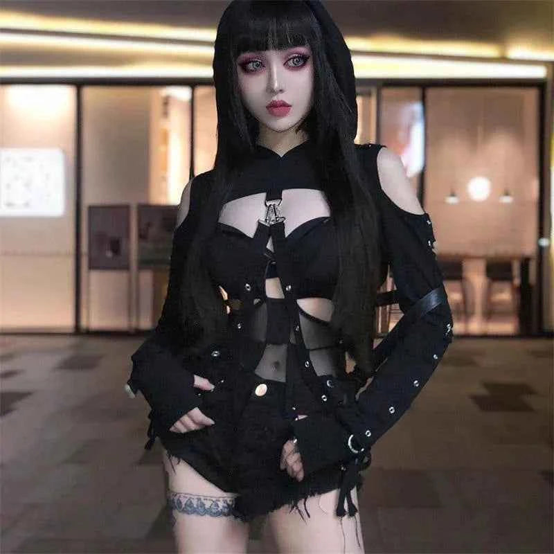 Women's Dark Gothic Crop Top Hoodie | Punk Aesthetic | MUNSIEUR