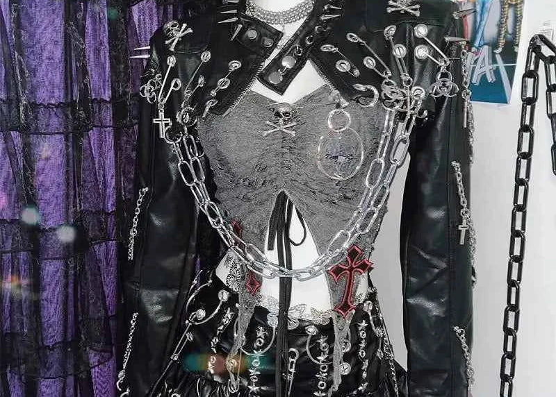 Harajuku Women Gothic Lolita Streetwear Y2K Girl Steampunk Rock and roll  Spike Trim Crop Tops Rivet Metal Chain pu Blazer coat