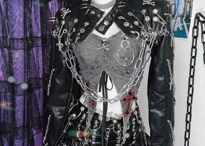 Harajuku Women Gothic Lolita Streetwear Y2K Girl Steampunk Rock and roll  Spike Trim Crop Tops Rivet Metal Chain pu Blazer coat