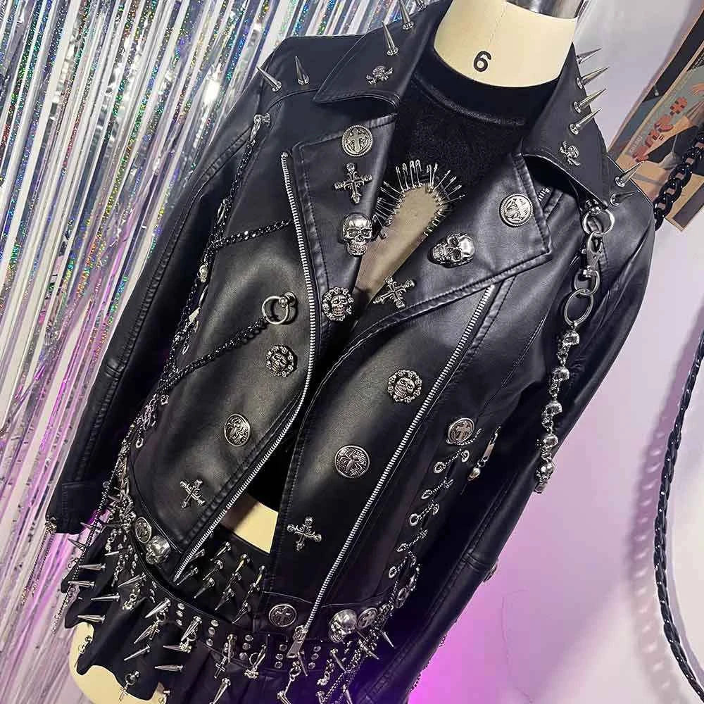 Y2K Vegan Leather Skull Studded Rivets Jacket Coat E-Girls Gothic Harajuku Grunge Chain Emo Eco DIY Punk Rock Hand Made