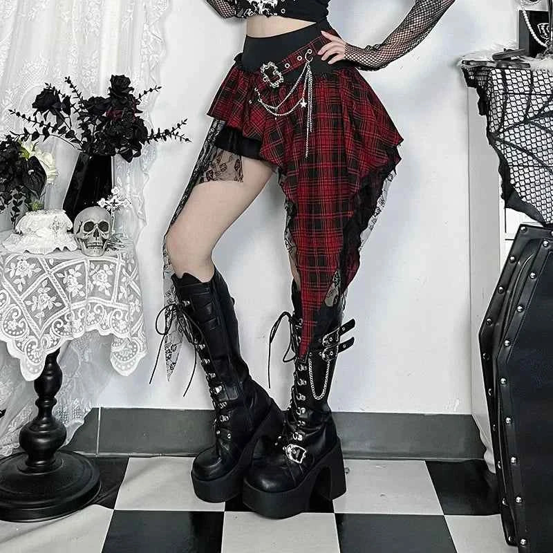 Punk Gothic Plaid Skirt Irregular Patchwork Harajuku | MUNSIEUR