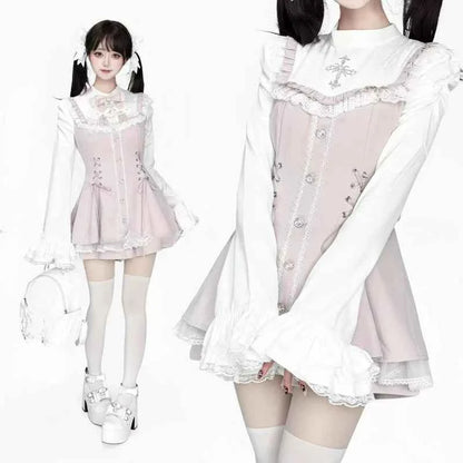 Y2k Aesthetic Lolita Style Bow Dress Shorts Set Japanese Women Gothic Lace Flare Sleeve Button Shirt Dress Punk Party Mini Dress