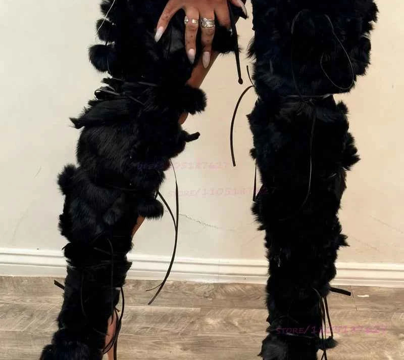 Long Plush Tassel Black Fur Sandals Women Fringe Cross Straps Boots Wrap Patchwork Thighs Sexy Platform Girls Cool Party Shoes
