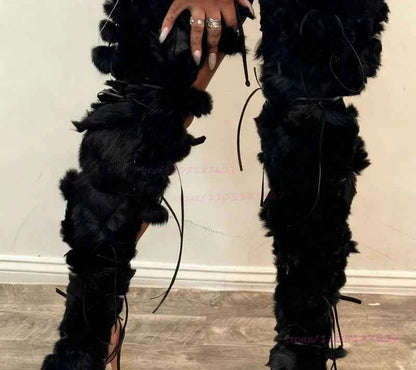 Long Plush Tassel Black Fur Sandals Women Fringe Cross Straps Boots Wrap Patchwork Thighs Sexy Platform Girls Cool Party Shoes