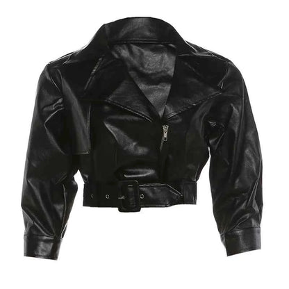 Weird Puss Luxury Crop Jacket Women PU Fall Wild Deep V-Neck Elegant Belt Buckle Zip Full Sleeve Streetwear Office Classic Coat