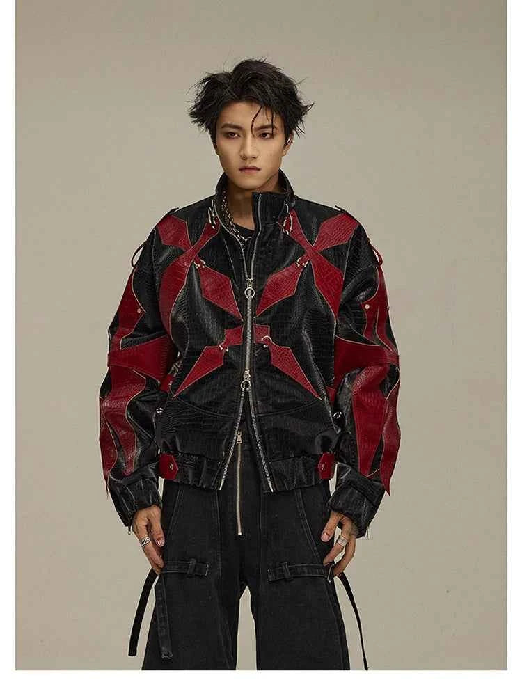 Mauroicardi Spring Autumn Cool Handsome Crocodile Print Patchwork Pu Leather Jacket Men Color Block Luxury Designer Clothes 2024