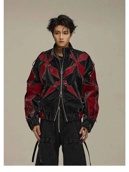 Mauroicardi Spring Autumn Cool Handsome Crocodile Print Patchwork Pu Leather Jacket Men Color Block Luxury Designer Clothes 2024