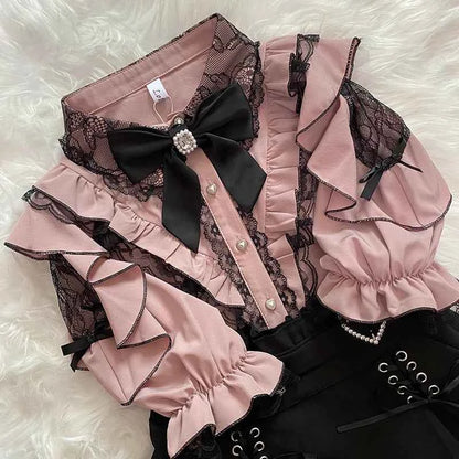 Kawaii Women Shirts Jirai Kei Lolita Y2K Cute Japanese Style Blouse Elegant Long Sleeve Sweet Tops Casual Aesthetic Shirt 2024