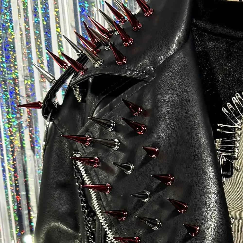 Punk Rock E-Girls Eco Goth Gothic Emo Grunge DIY Harajuku Y2K PU Leather Skull Studded Jacket Vintage Hand Made Studded Rivet