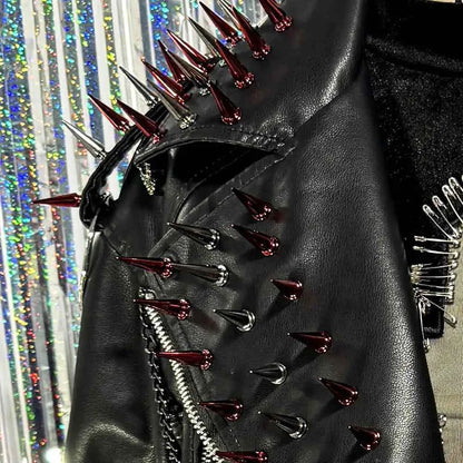 Punk Rock E-Girls Eco Goth Gothic Emo Grunge DIY Harajuku Y2K PU Leather Skull Studded Jacket Vintage Hand Made Studded Rivet