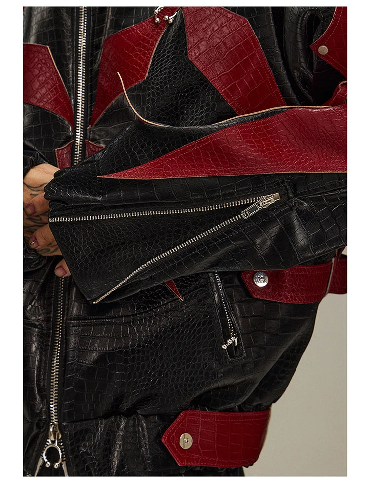 High Quality Crocodile Patchwork Pu Leather Coat Luxury Streetwear Men's Gothic Urban