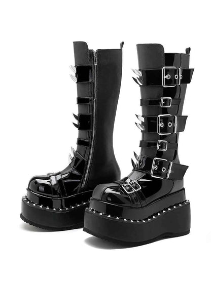 Belt Buckle Spike Rivet Platform Motorcycle Boots Round Toe Thick Sole Side Zipper Punk Knee High Boots Heavy Work Gothic Style
