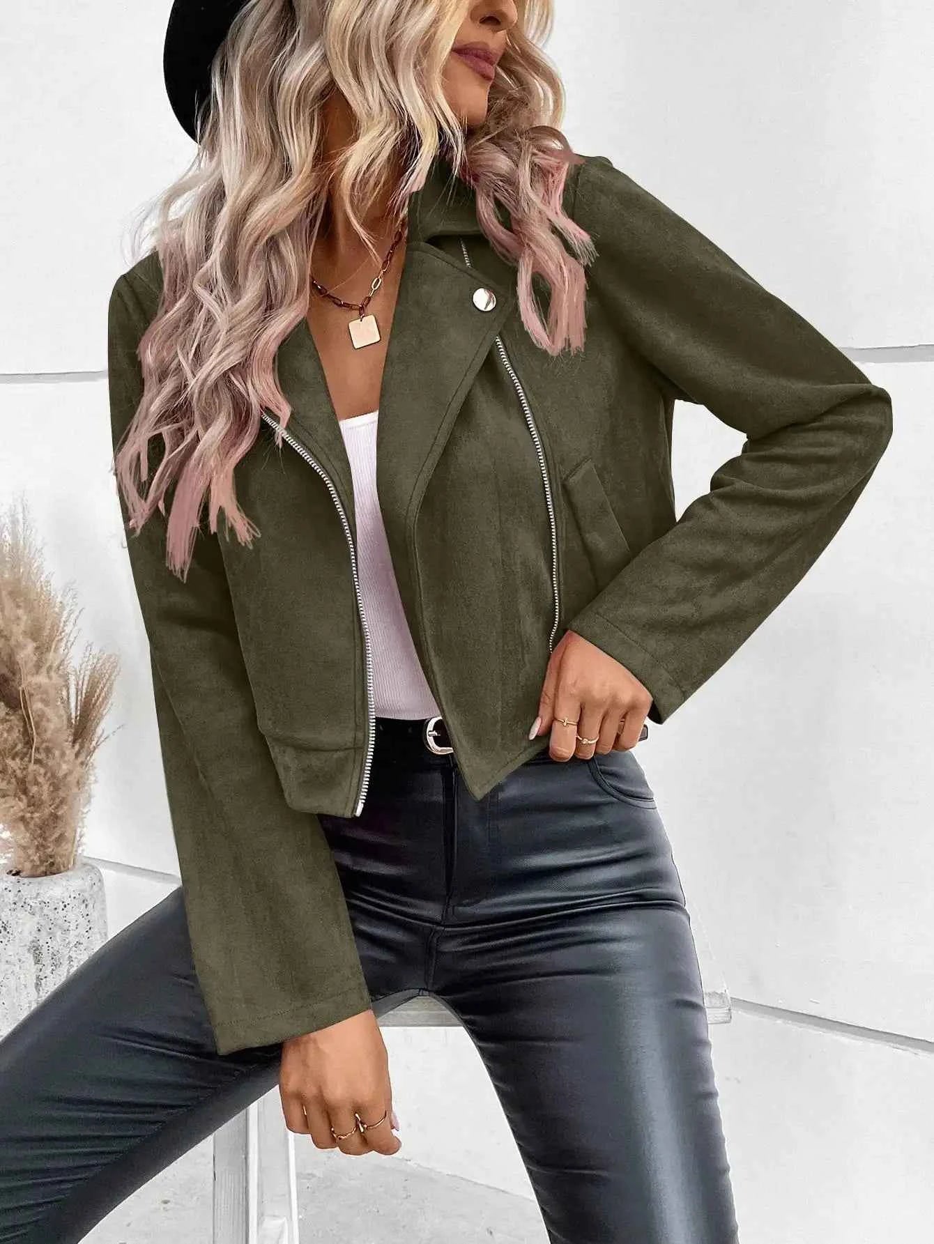 Faux Suede Women Jakcet Zipper Fly Lapel Buttons Motorcycle Jacket Leather Jacket Windproof High Street Biker Jacket Cardigan