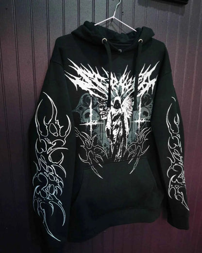 Y2K Black Hooded Sweatshirt for Men White Angel Themed Spike Print Street Fashion Trendy Top Unique Art Design
