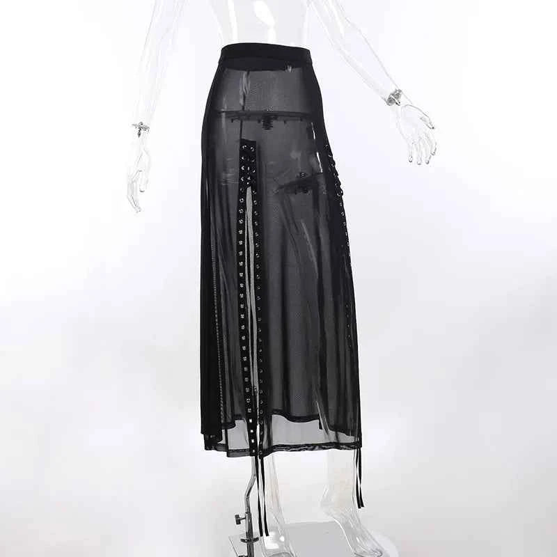 Goth Mesh Perspective Side Slit Skirt Lace Up Dark Punk Gothic Faldas Feminino Thin Summer Aesthetical