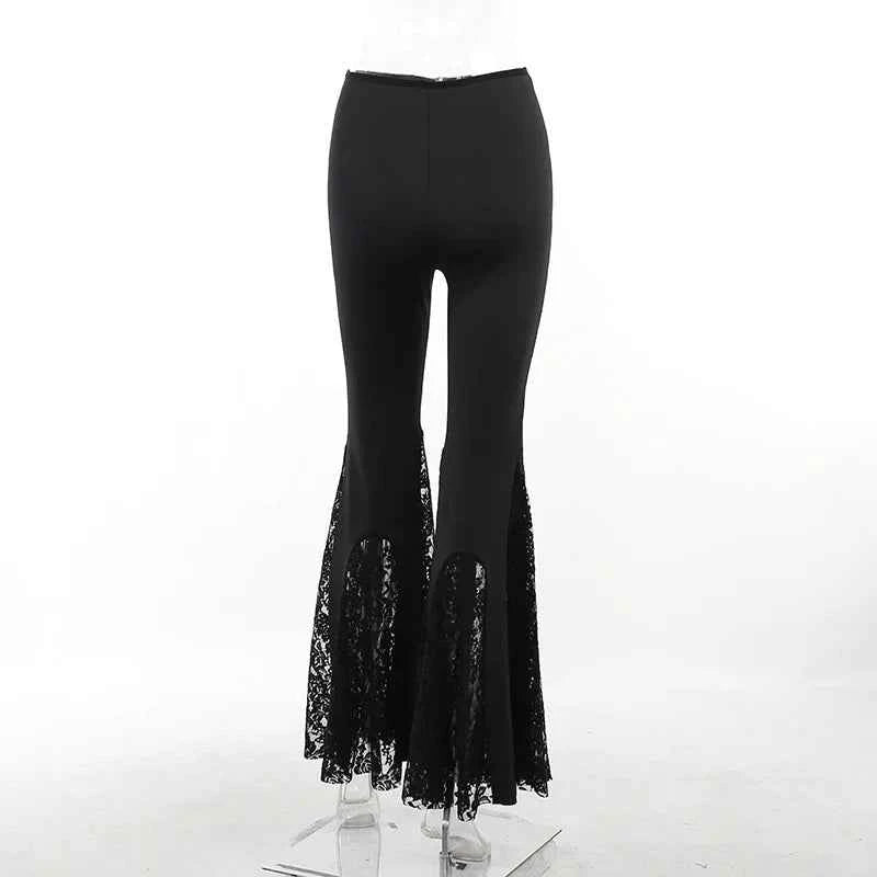 Goth Mall Flare Pants Sexy Black Lace Patchwork High Waist Vintage Harajuku Hippie Punk Grunge Streetwear  Y2k Pants