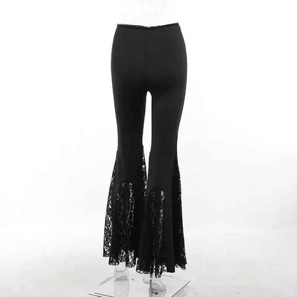 Goth Mall Flare Pants Sexy Black Lace Patchwork High Waist Vintage Harajuku Hippie Punk Grunge Streetwear  Y2k Pants