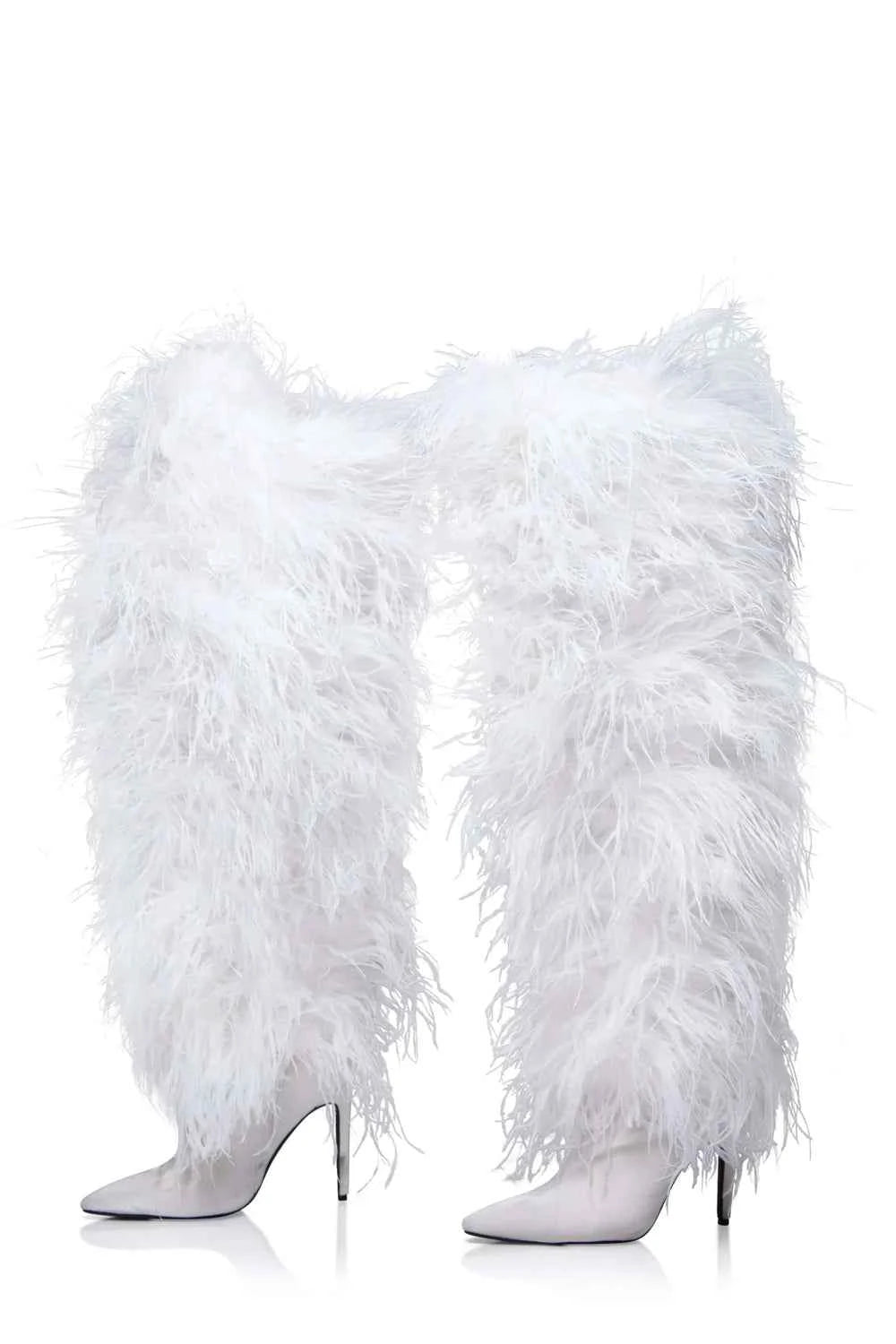 Hot Pink Feather Stiletto Heel Over-the-Knee Boots Plush Fluffy Feather Trim Bold Vibrant Hue Pointed-Toe Edgy Clubwear Looks