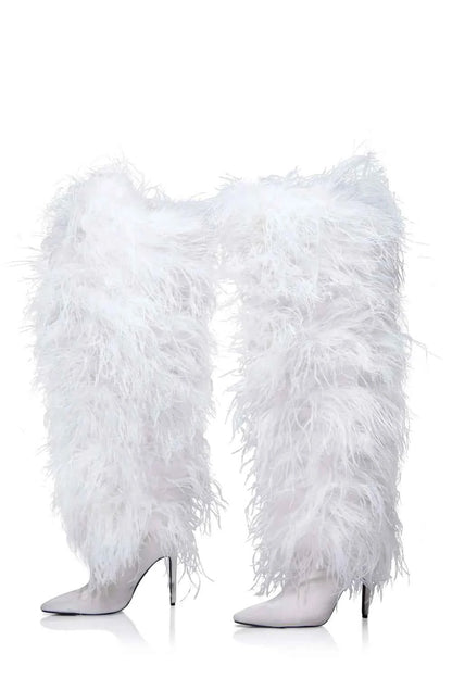 Hot Pink Feather Stiletto Heel Over-the-Knee Boots Plush Fluffy Feather Trim Bold Vibrant Hue Pointed-Toe Edgy Clubwear Looks