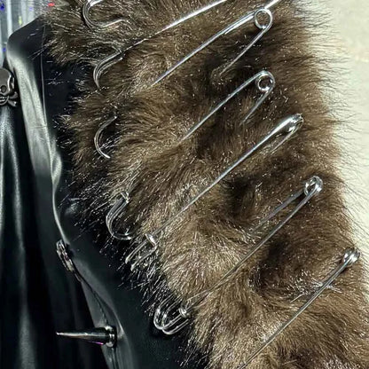 Hip Hop Teen E-Girls Emo Grunge Goth DIY Club Wear Hand Made Punk Rock Studded Y2K Vegan Leather Faux Fur Jacket Coat Pin