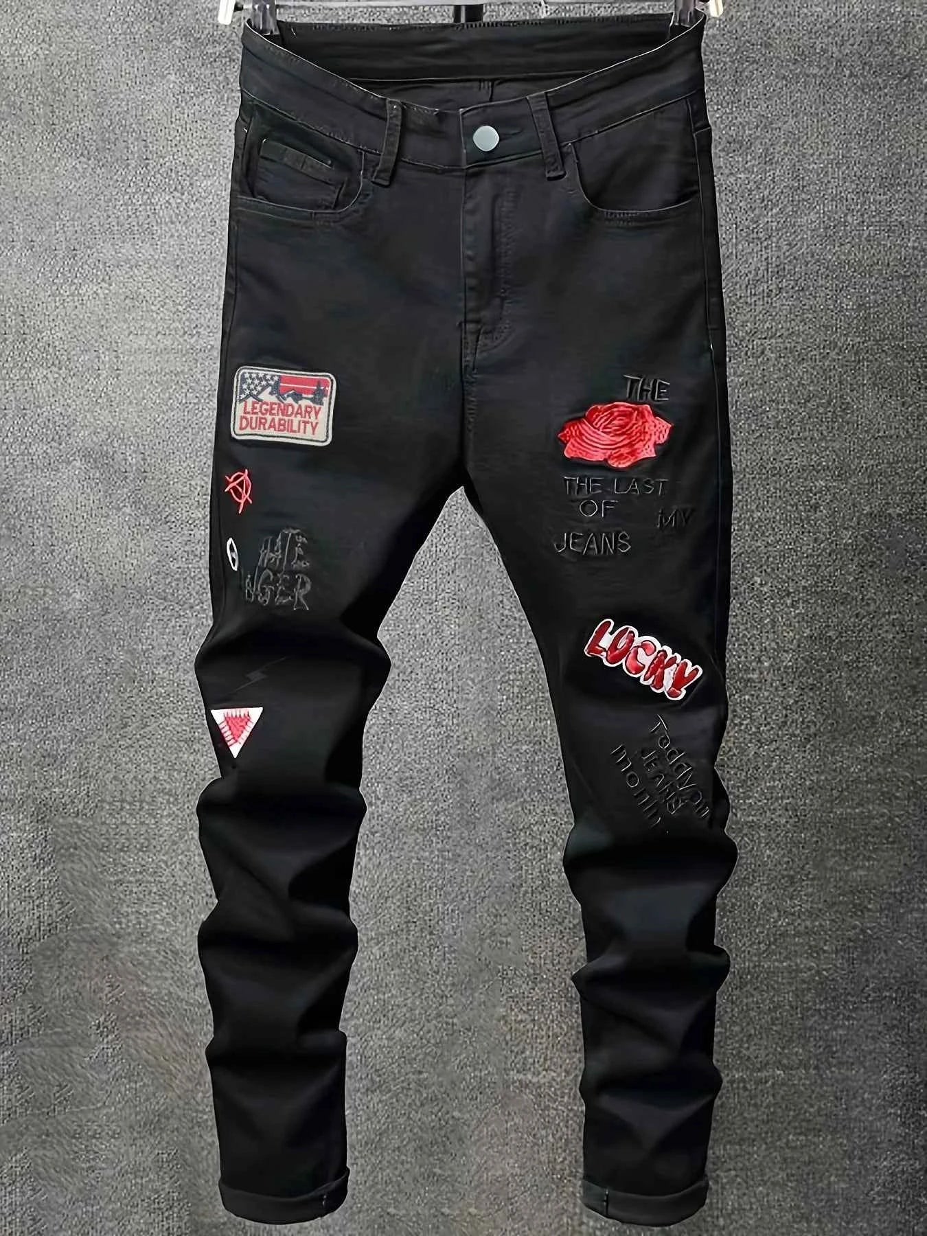 Men's slim fit jeans embroidered elastic straight leg denim pants