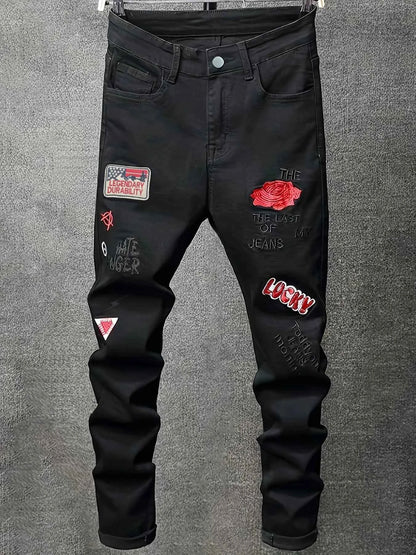 Men's slim fit jeans embroidered elastic straight leg denim pants