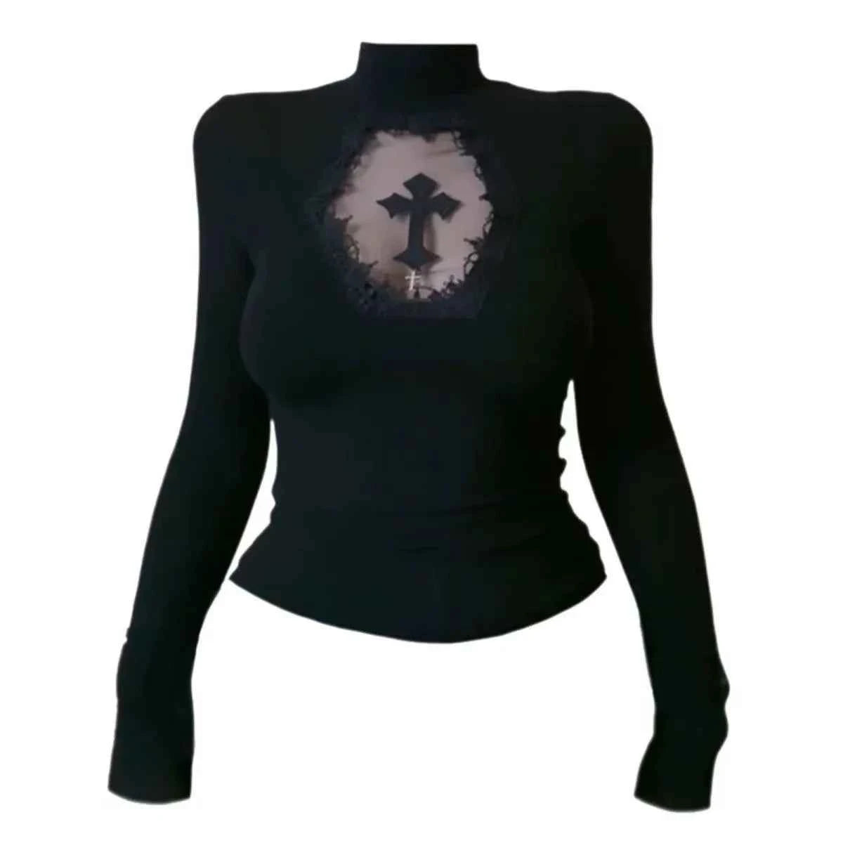 Women Cross Hollow Out T-shirt Gothic Long Sleeve Turtleneck Top Punk Alt Goth Style Clothing Black Blue Y2K Sleeveless Shirt
